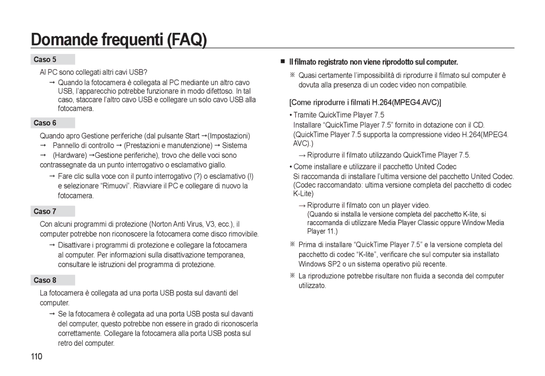 Samsung EC-WB500ABP/IT, EC-WB500BBP/IT, EC-WB500BBA/IT manual Il ﬁlmato registrato non viene riprodotto sul computer, 110 