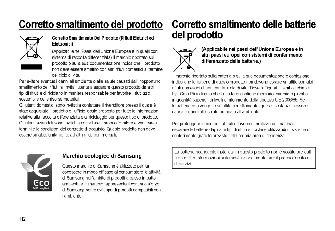 Samsung EC-WB500BBA/IT Corretto smaltimento del prodotto, Corretto smaltimento delle batterie del prodotto, Elettronici 