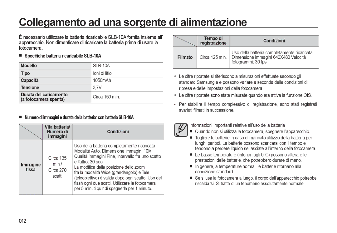 Samsung EC-WB500BBA/IT manual Collegamento ad una sorgente di alimentazione, Speciﬁche batteria ricaricabile SLB-10A, 012 