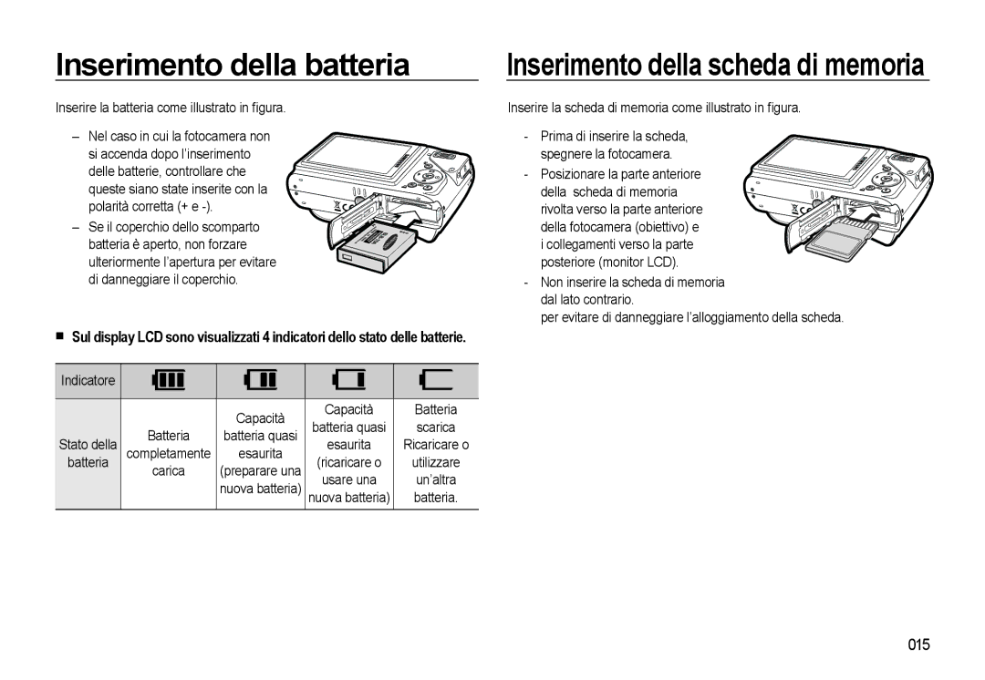 Samsung EC-WB500BBP/IT manual Inserimento della batteria, 015, Inserire la batteria come illustrato in ﬁgura, Indicatore 