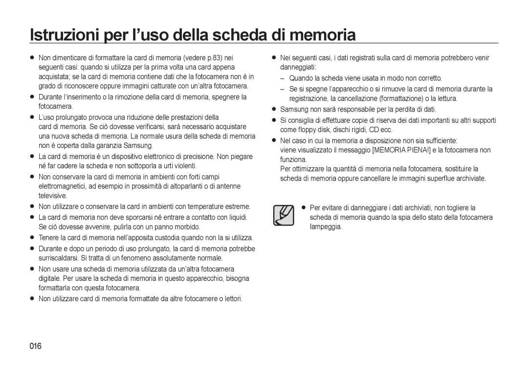 Samsung EC-WB500BBA/IT, EC-WB500BBP/IT, EC-WB500ABA/IT, EC-WB500ABP/IT Istruzioni per l’uso della scheda di memoria, 016 