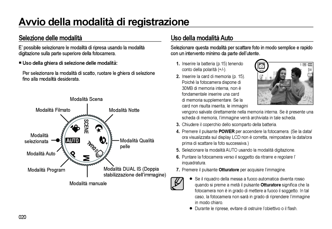 Samsung EC-WB500BBA/IT manual Avvio della modalità di registrazione, Selezione delle modalità, Uso della modalità Auto 