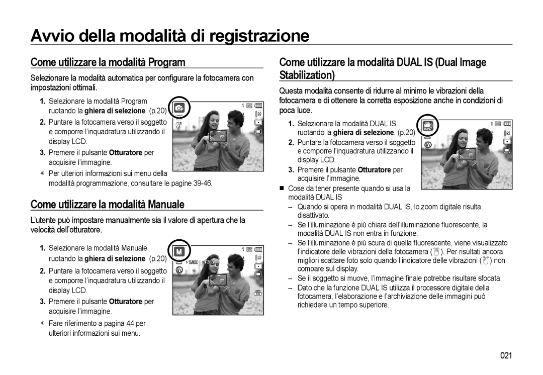 Samsung EC-WB500ABA/IT Come utilizzare la modalità Program, Come utilizzare la modalità Manuale, 021, Compare sul display 