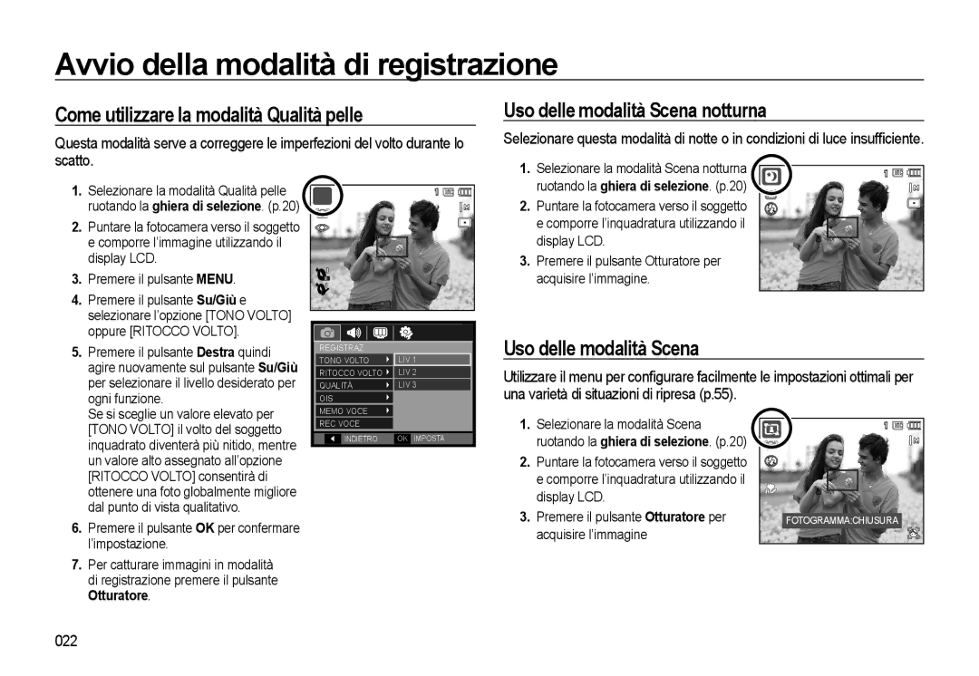 Samsung EC-WB500ABP/IT manual Come utilizzare la modalità Qualità pelle, Uso delle modalità Scena notturna, 022, Otturatore 