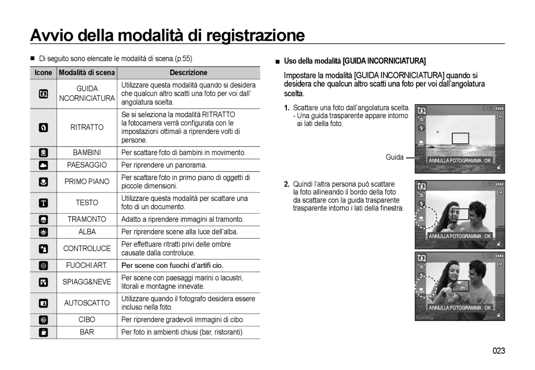 Samsung EC-WB500BBP/IT, EC-WB500BBA/IT manual Uso della modalità Guida Incorniciatura, Scelta, 023, Icone Modalità di scena 