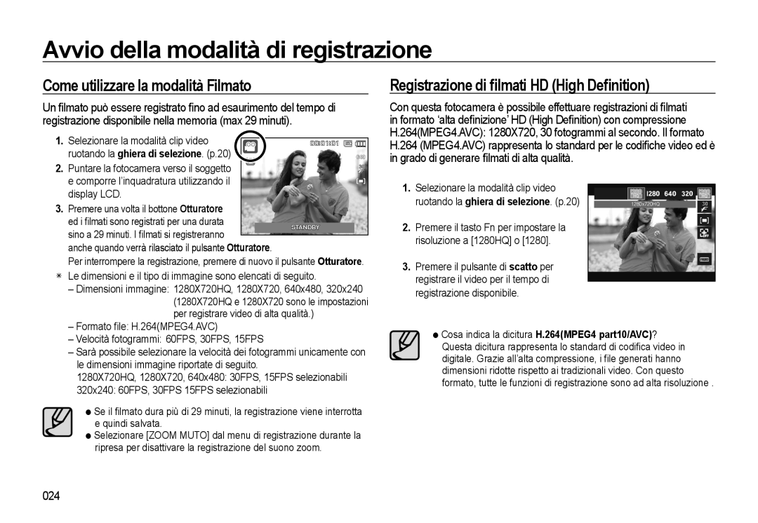 Samsung EC-WB500BBA/IT, EC-WB500BBP/IT Come utilizzare la modalità Filmato, Registrazione di ﬁlmati HD High Deﬁnition, 024 