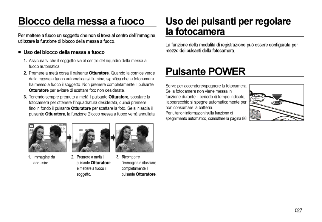 Samsung EC-WB500BBP/IT manual Blocco della messa a fuoco, Uso dei pulsanti per regolare la fotocamera, Pulsante Power, 027 