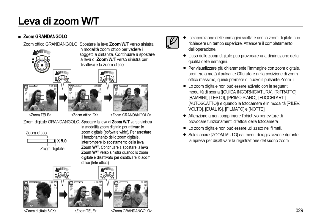 Samsung EC-WB500ABA/IT, EC-WB500BBP/IT manual Zoom Grandangolo, 029, Lo zoom digitale non può essere utilizzato nei ﬁlmati 