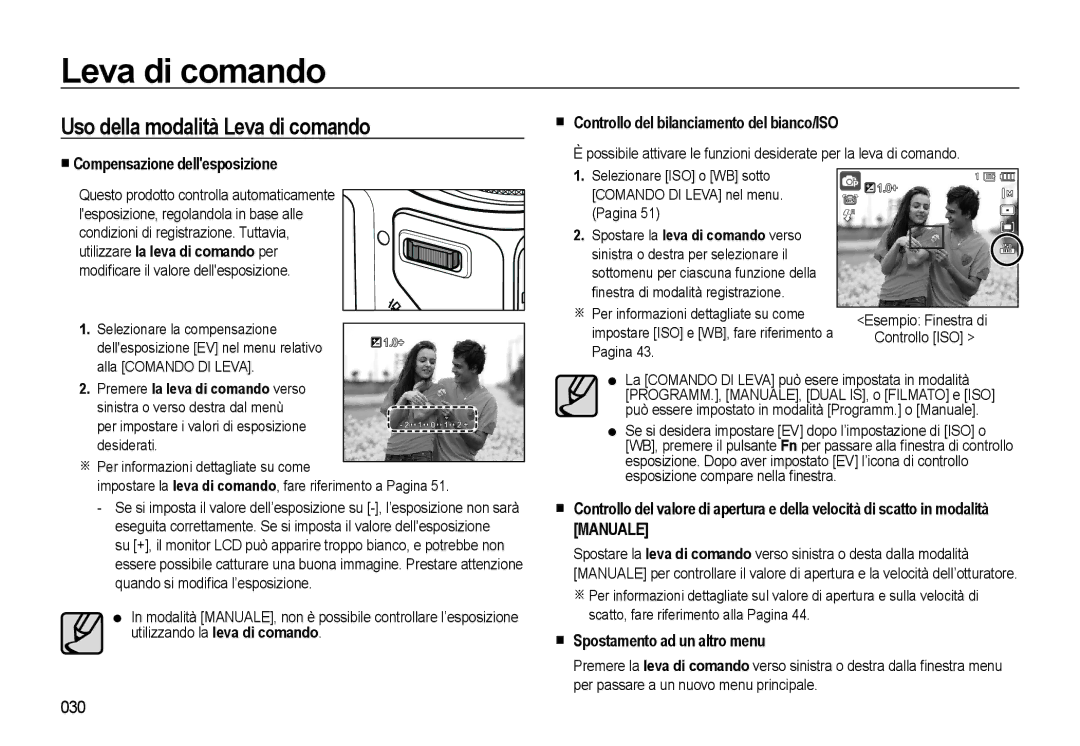 Samsung EC-WB500ABP/IT Uso della modalità Leva di comando, Compensazione dellesposizione, Spostamento ad un altro menu 