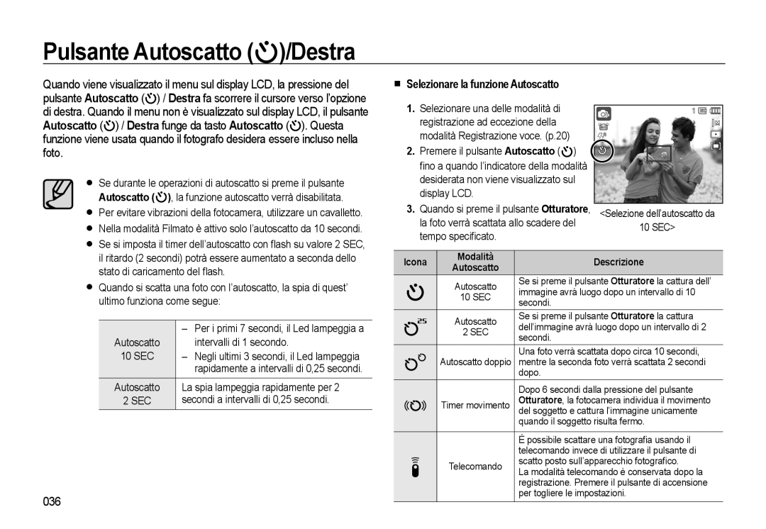 Samsung EC-WB500BBA/IT, EC-WB500BBP/IT manual Pulsante Autoscatto /Destra, 036, Selezionare la funzione Autoscatto, Icona 