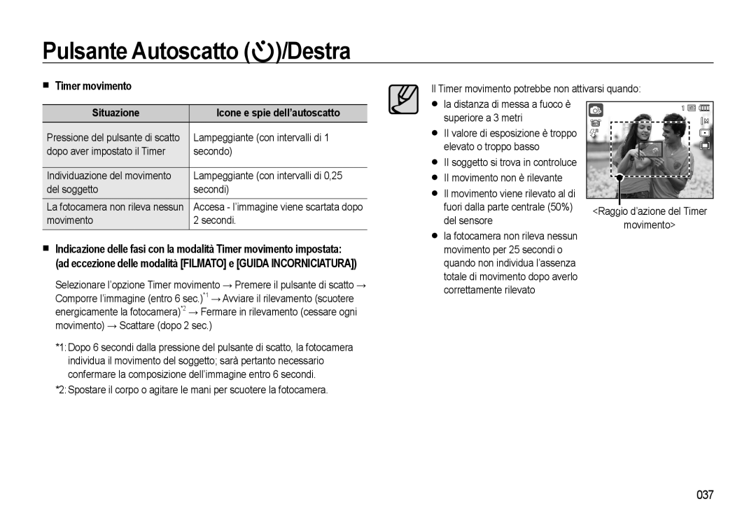 Samsung EC-WB500ABA/IT, EC-WB500BBP/IT, EC-WB500BBA/IT manual Timer movimento, 037, Situazione Icone e spie dell’autoscatto 