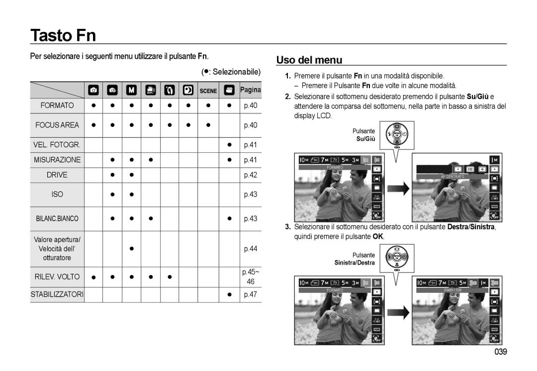 Samsung EC-WB500BBP/IT manual Tasto Fn, Per selezionare i seguenti menu utilizzare il pulsante Fn, Selezionabile, Pagina 