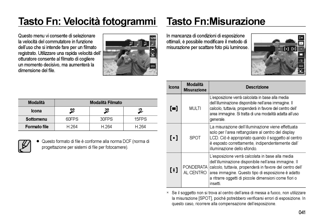 Samsung EC-WB500ABA/IT, EC-WB500BBP/IT, EC-WB500BBA/IT, EC-WB500ABP/IT Tasto Fn Velocità fotogrammi Tasto FnMisurazione, 041 