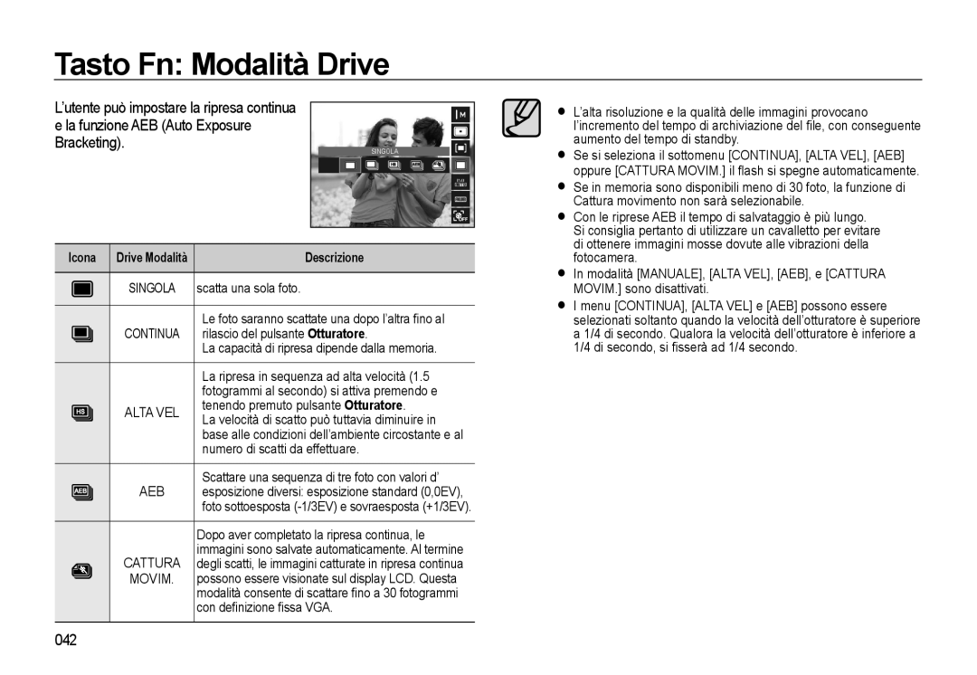 Samsung EC-WB500ABP/IT, EC-WB500BBP/IT manual Tasto Fn Modalità Drive, La funzione AEB Auto Exposure Bracketing, 042 