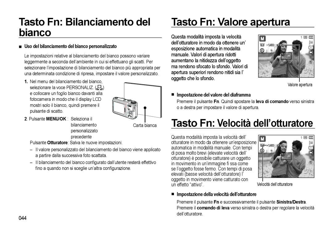 Samsung EC-WB500BBA/IT Tasto Fn Bilanciamento del bianco Tasto Fn Valore apertura, Impostazione del valore del diaframma 