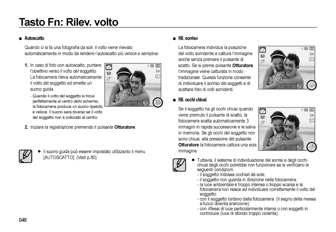 Samsung EC-WB500ABP/IT, EC-WB500BBP/IT, EC-WB500BBA/IT, EC-WB500ABA/IT manual Autoscatto, Ril. sorriso, Ril. occhi chiusi, 046 