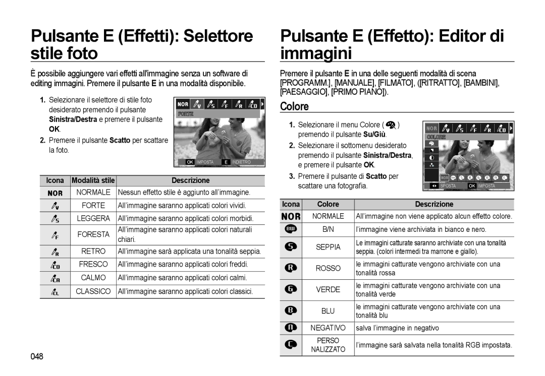 Samsung EC-WB500BBA/IT manual Pulsante E Effetti Selettore stile foto, Pulsante E Effetto Editor di immagini, Colore, 048 