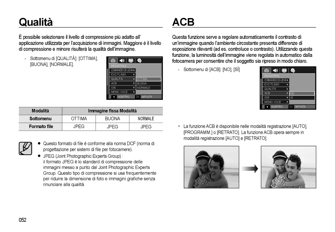 Samsung EC-WB500BBA/IT, EC-WB500BBP/IT, EC-WB500ABA/IT manual 052, Sottomenu di Qualità Ottima, Sottomenu di ACB NO, SÌ 