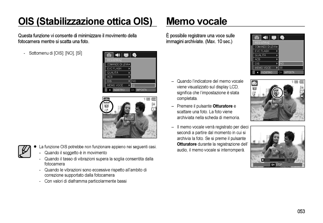 Samsung EC-WB500ABA/IT, EC-WB500BBP/IT, EC-WB500BBA/IT, EC-WB500ABP/IT manual OIS Stabilizzazione ottica OIS Memo vocale, 053 