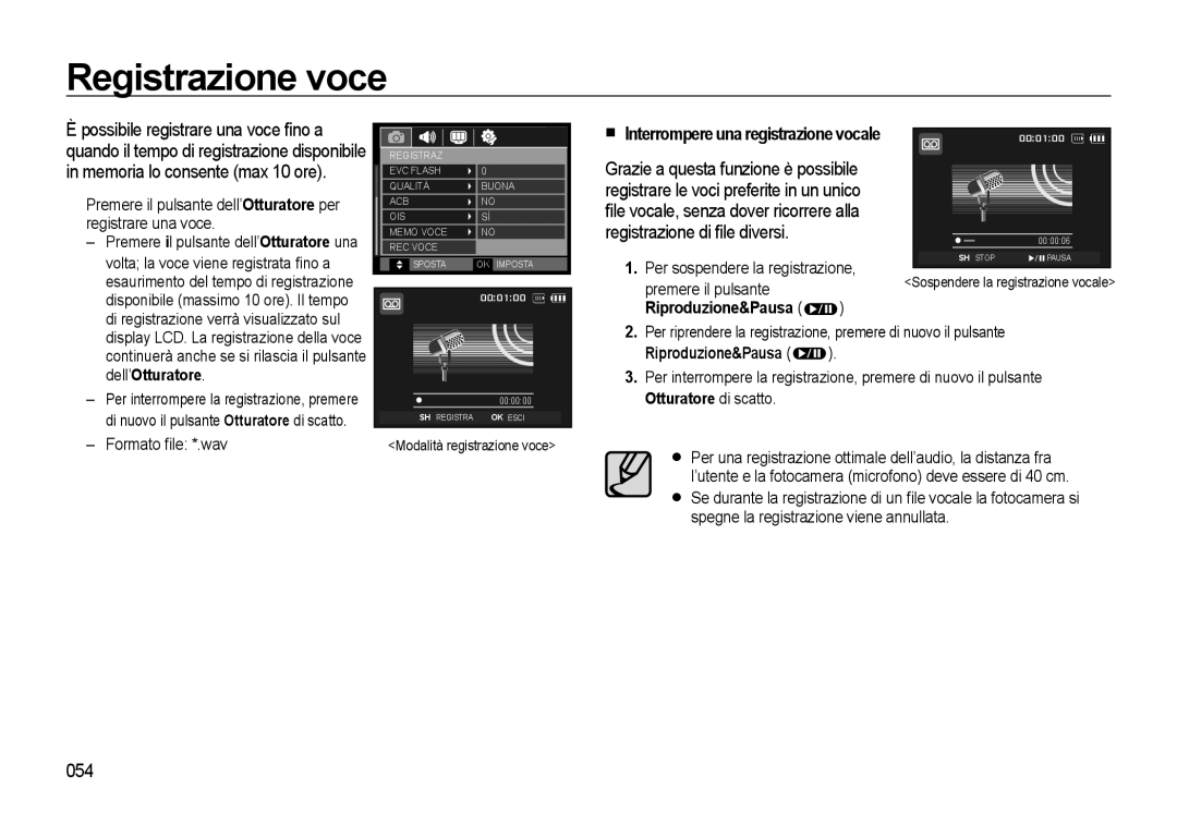 Samsung EC-WB500ABP/IT, EC-WB500BBP/IT, EC-WB500BBA/IT manual Registrazione voce, 054, Riproduzione&Pausa, Dell’Otturatore 