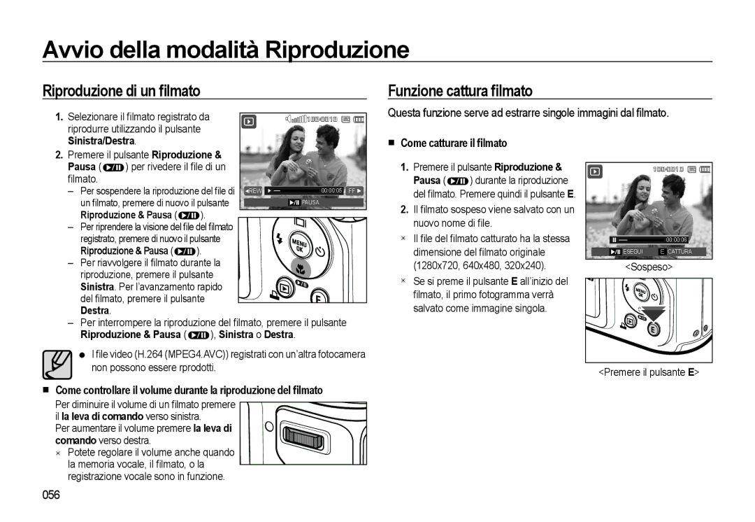 Samsung EC-WB500BBA/IT manual Avvio della modalità Riproduzione, Riproduzione di un ﬁlmato, Funzione cattura ﬁlmato, 056 