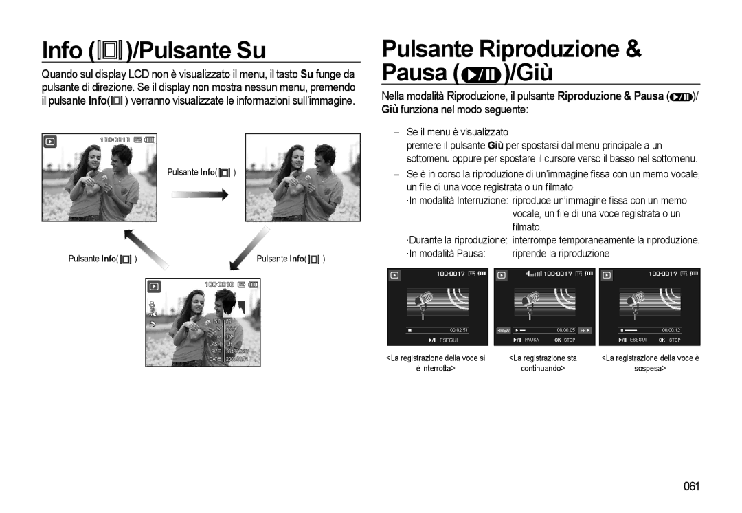 Samsung EC-WB500ABA/IT manual Info /Pulsante Su, Pulsante Riproduzione & Pausa /Giù, 061, Se il menu è visualizzato 