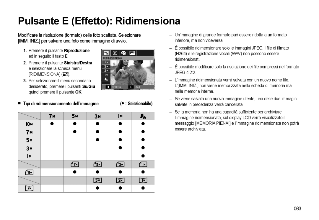 Samsung EC-WB500BBP/IT, EC-WB500BBA/IT, EC-WB500ABA/IT, EC-WB500ABP/IT manual Pulsante E Effetto Ridimensiona, 063 