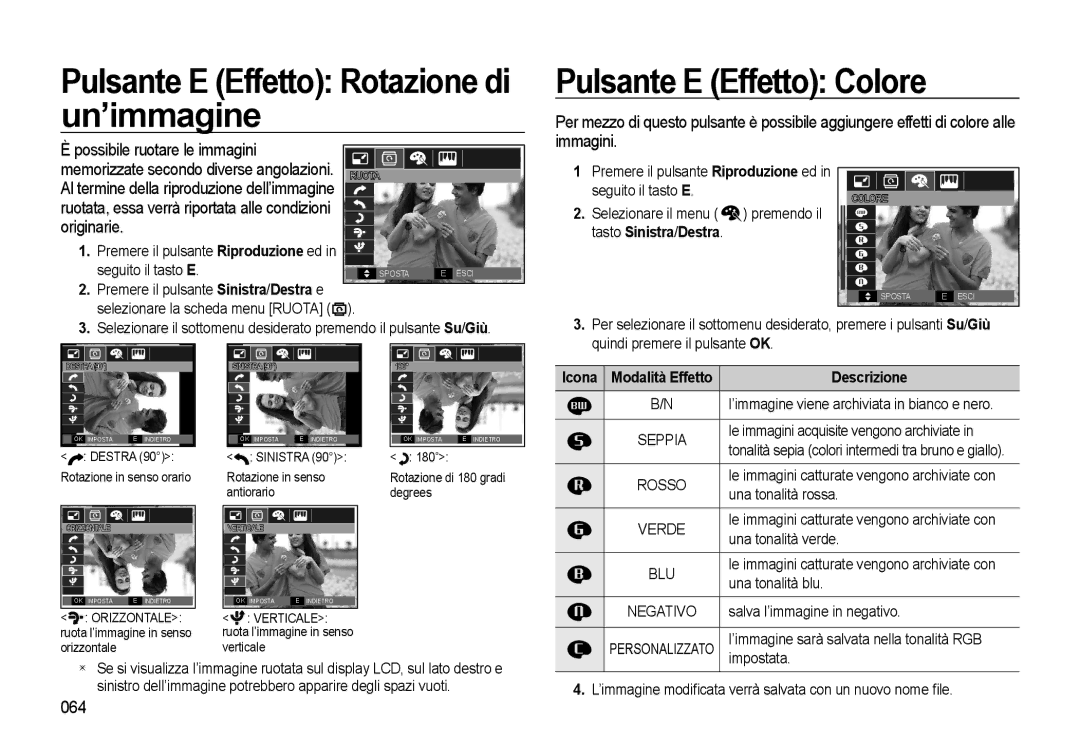 Samsung EC-WB500BBA/IT manual Pulsante E Effetto Rotazione di Un’immagine, Pulsante E Effetto Colore, Originarie, 064 