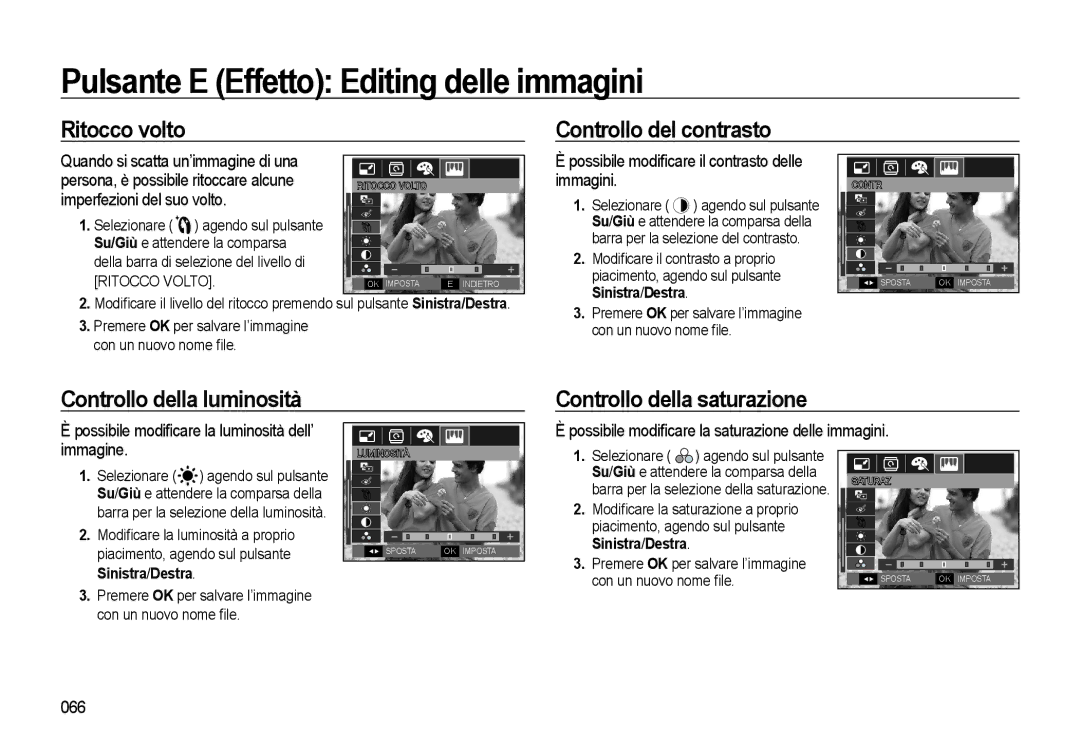 Samsung EC-WB500ABP/IT, EC-WB500BBP/IT Pulsante E Effetto Editing delle immagini, Ritocco volto Controllo del contrasto 