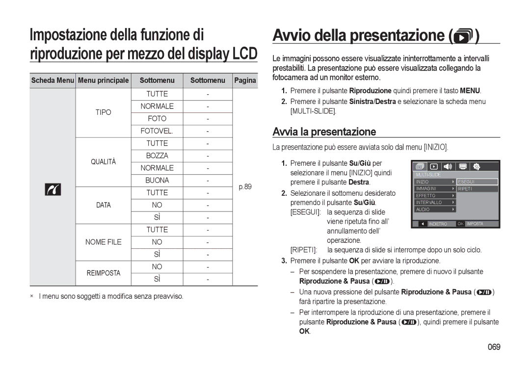 Samsung EC-WB500ABA/IT, EC-WB500BBP/IT, EC-WB500BBA/IT manual Avvio della presentazione, Avvia la presentazione, 069 