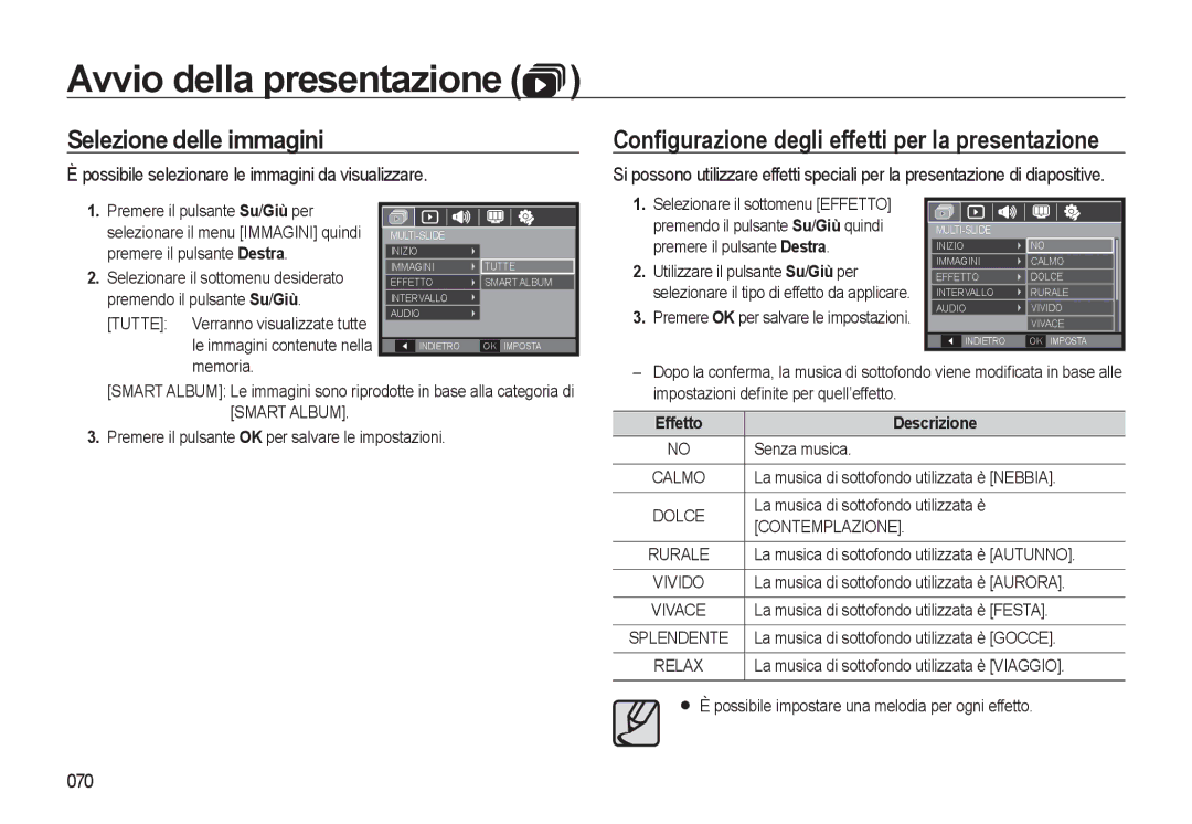 Samsung EC-WB500ABP/IT, EC-WB500BBP/IT Selezione delle immagini, Conﬁgurazione degli effetti per la presentazione, 070 