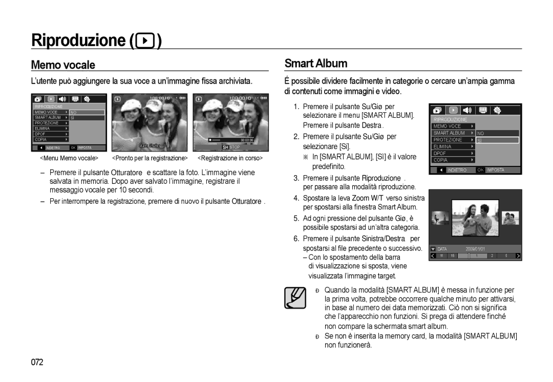 Samsung EC-WB500BBA/IT, EC-WB500BBP/IT manual Riproduzione, Memo vocale Smart Album, Di contenuti come immagini e video, 072 