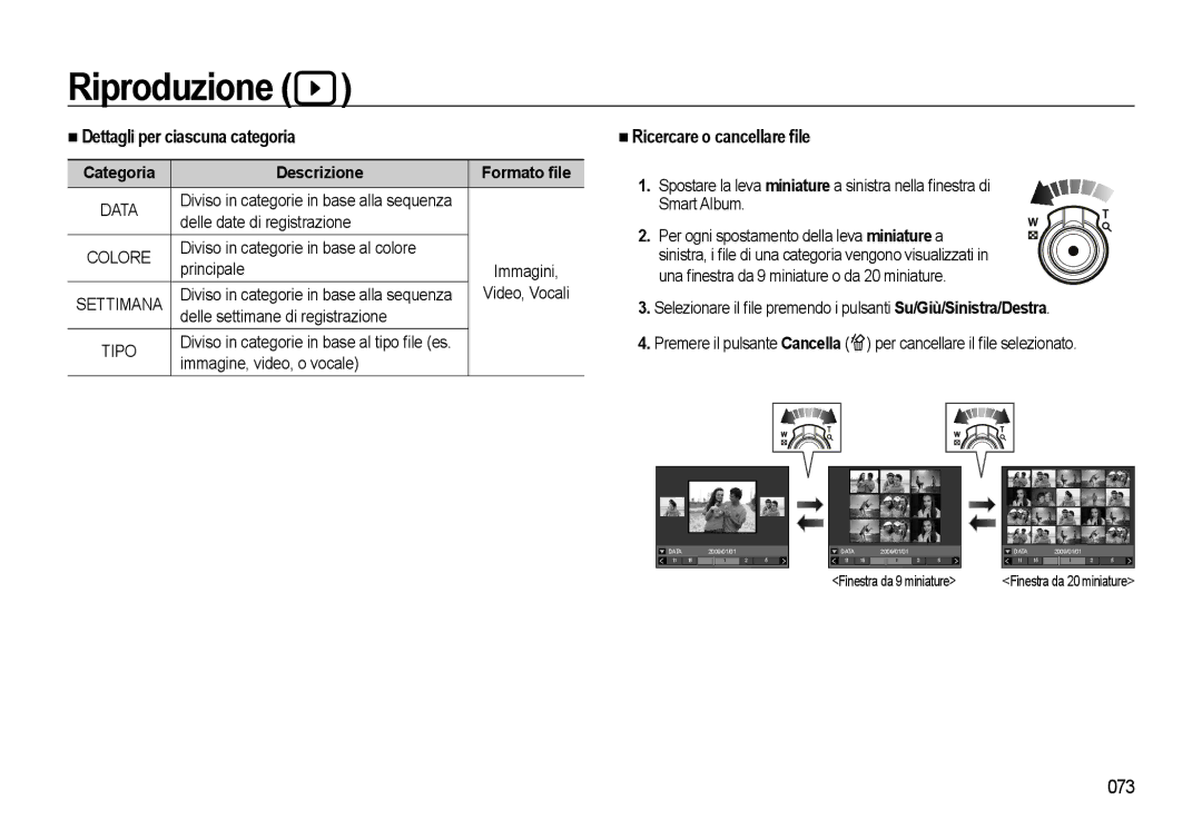 Samsung EC-WB500ABA/IT Dettagli per ciascuna categoria, 073, Ricercare o cancellare ﬁle, Categoria Descrizione Formato ﬁle 