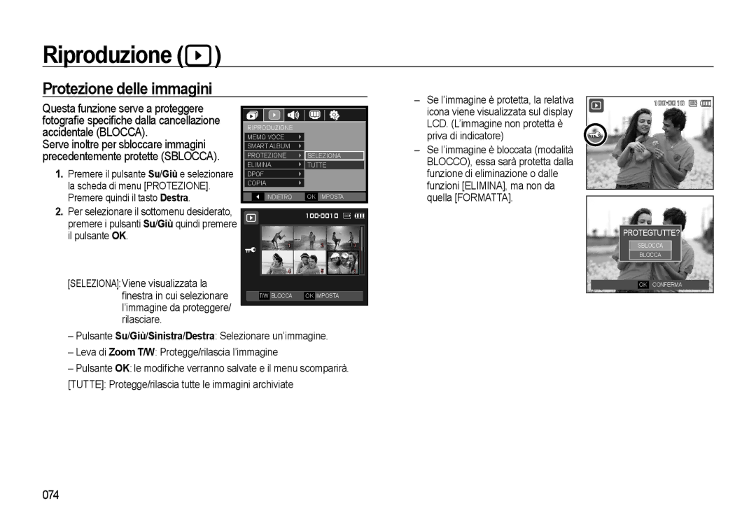 Samsung EC-WB500ABP/IT, EC-WB500BBP/IT, EC-WB500BBA/IT, EC-WB500ABA/IT manual Protezione delle immagini, 074 