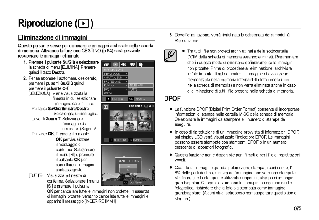 Samsung EC-WB500BBP/IT, EC-WB500BBA/IT, EC-WB500ABA/IT Eliminazione di immagini, 075, Pulsante Su /Giù /Sinistra /Destra 