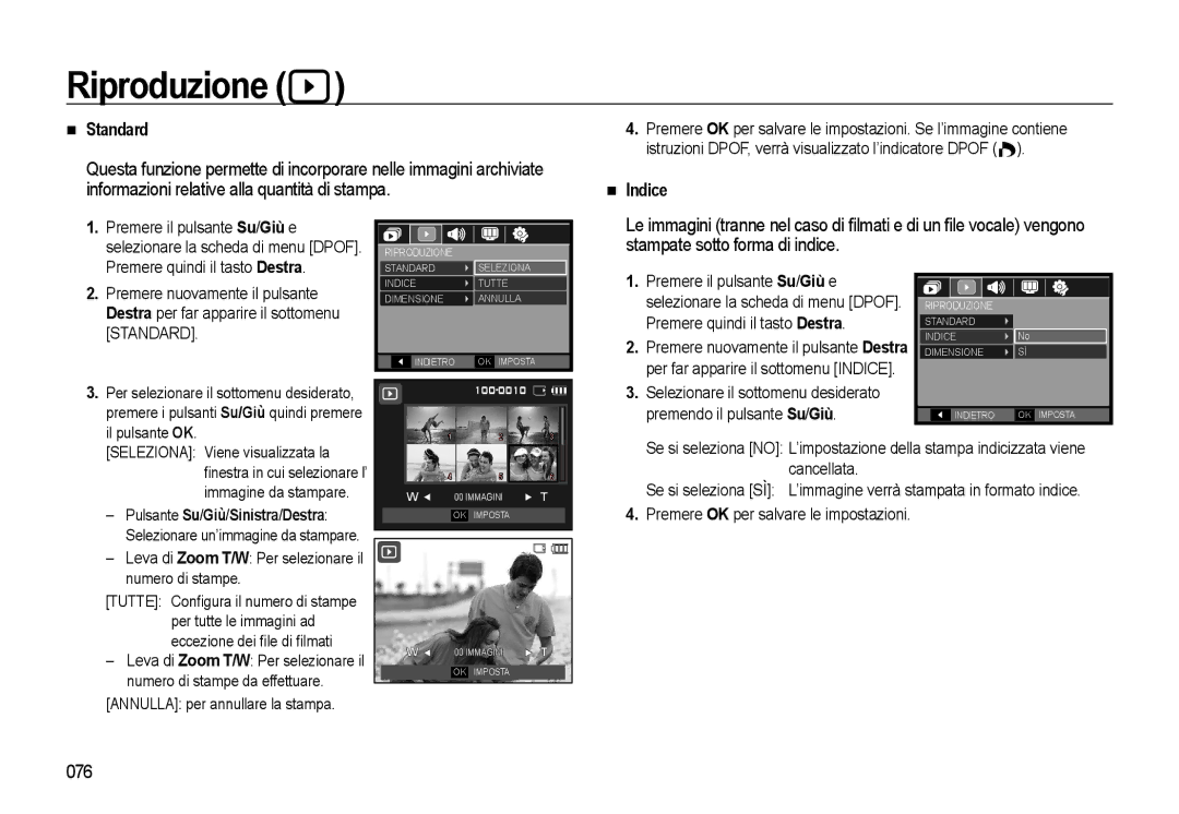 Samsung EC-WB500BBA/IT, EC-WB500BBP/IT, EC-WB500ABA/IT manual Standard, Indice, 076, Pulsante Su/Giù/Sinistra/Destra 