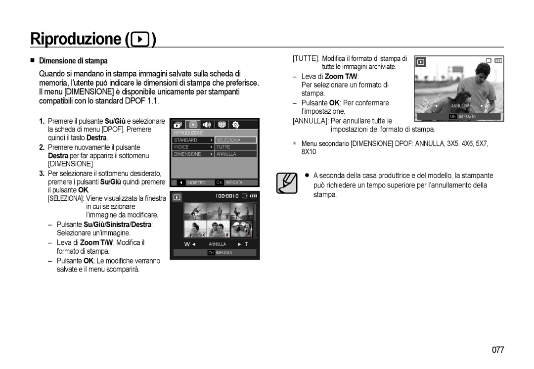 Samsung EC-WB500ABA/IT, EC-WB500BBP/IT, EC-WB500BBA/IT, EC-WB500ABP/IT manual Dimensione di stampa, 077 