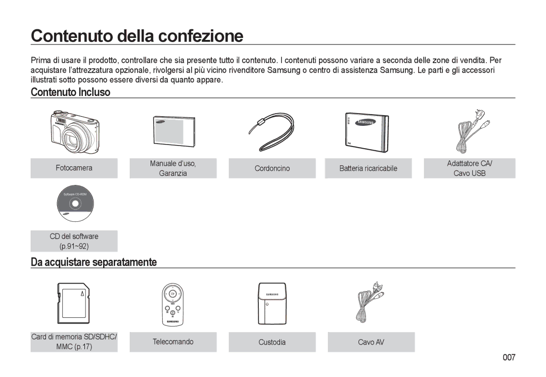 Samsung EC-WB500BBP/IT, EC-WB500BBA/IT Contenuto della confezione, Contenuto Incluso, Da acquistare separatamente, 007 