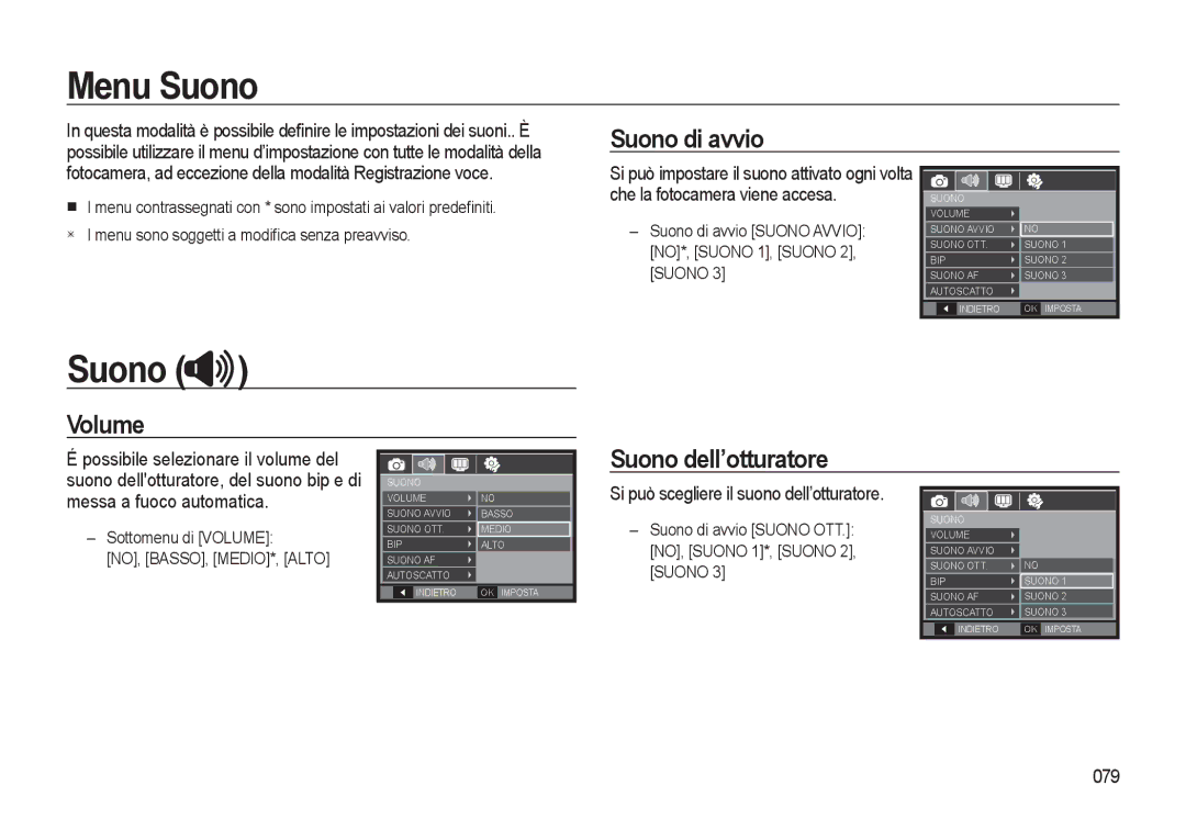 Samsung EC-WB500BBP/IT, EC-WB500BBA/IT, EC-WB500ABA/IT manual Menu Suono, Suono di avvio, Volume, Suono dell’otturatore 