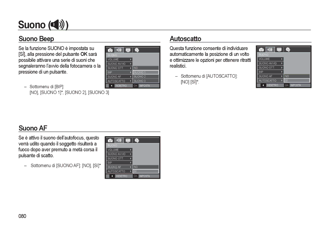 Samsung EC-WB500BBA/IT Suono Beep Autoscatto, Suono AF, 080, Possibile attivare una serie di suoni che, Sottomenu di BIP 