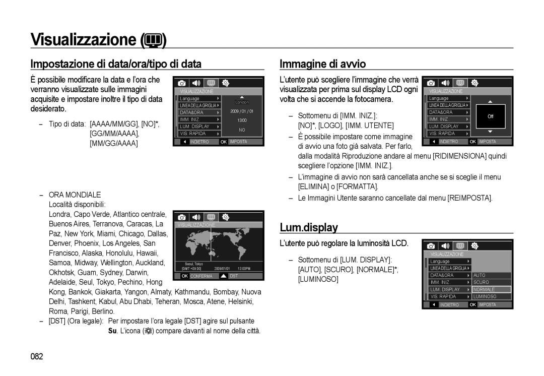 Samsung EC-WB500ABP/IT, EC-WB500BBP/IT manual Impostazione di data/ora/tipo di data Immagine di avvio, Lum.display, 082 