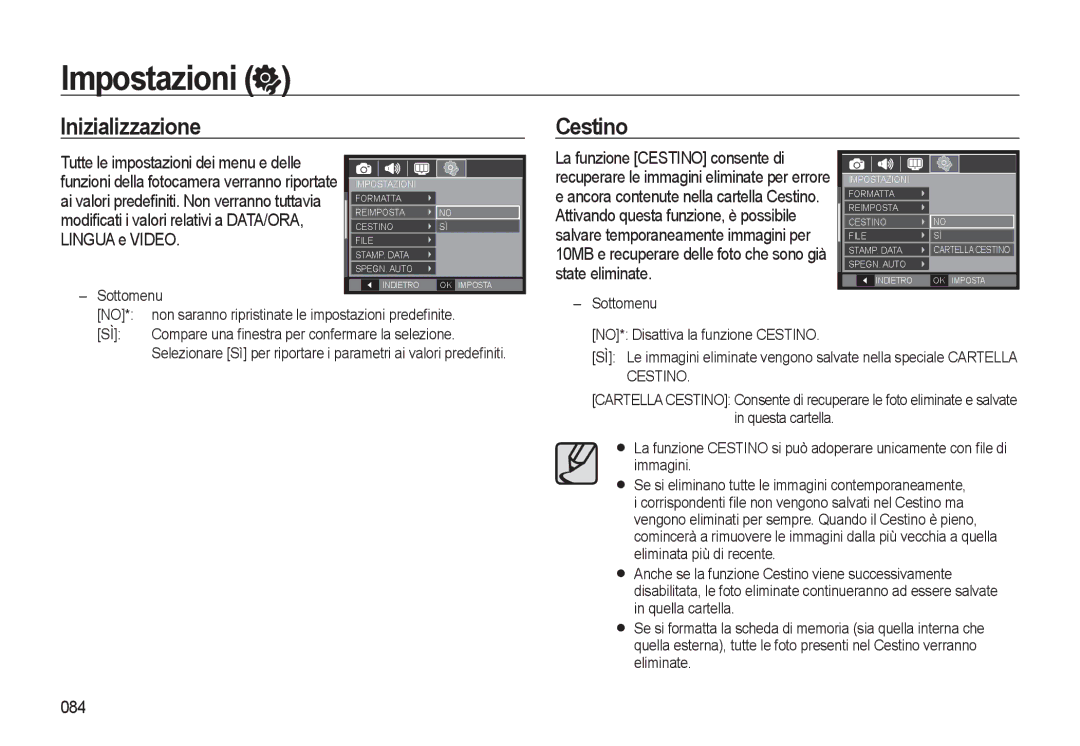 Samsung EC-WB500BBA/IT, EC-WB500BBP/IT, EC-WB500ABA/IT, EC-WB500ABP/IT manual Inizializzazione Cestino, 084 