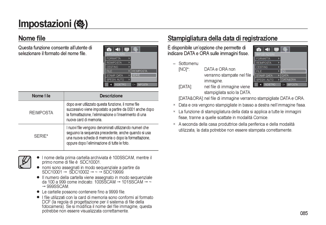 Samsung EC-WB500ABA/IT, EC-WB500BBP/IT Nome ﬁle Stampigliatura della data di registrazione, 085, Nuova card di memoria 