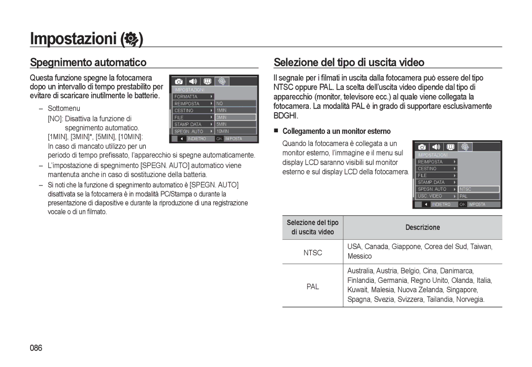 Samsung EC-WB500ABP/IT Spegnimento automatico, Selezione del tipo di uscita video, Collegamento a un monitor esterno, 086 