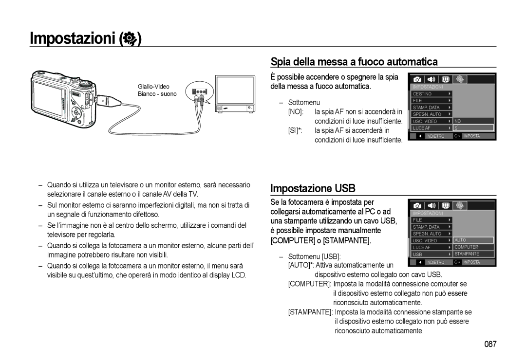 Samsung EC-WB500BBP/IT, EC-WB500BBA/IT, EC-WB500ABA/IT manual Spia della messa a fuoco automatica, Impostazione USB, 087 