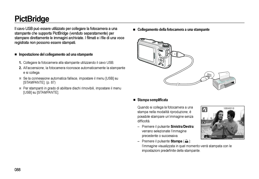 Samsung EC-WB500BBA/IT manual PictBridge, Impostazione del collegamento ad una stampante, 088, Precedente o successiva 