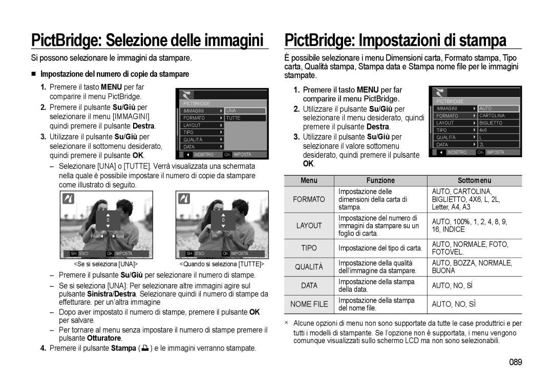 Samsung EC-WB500ABA/IT manual PictBridge Impostazioni di stampa, Si possono selezionare le immagini da stampare, 089 