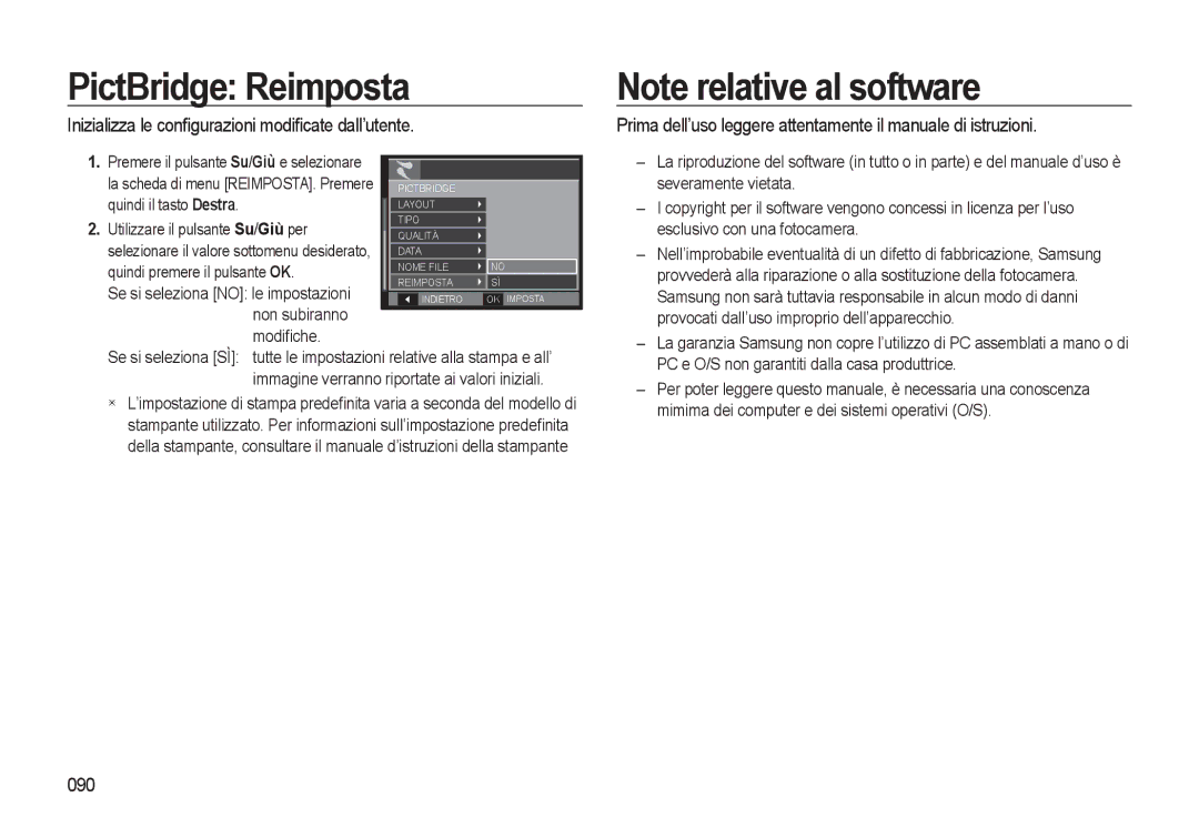 Samsung EC-WB500ABP/IT, EC-WB500BBP/IT manual PictBridge Reimposta, Inizializza le conﬁgurazioni modiﬁcate dall’utente, 090 