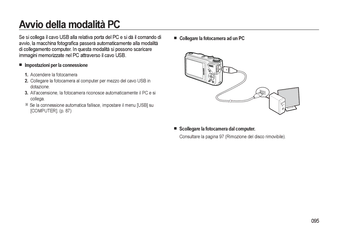 Samsung EC-WB500BBP/IT, EC-WB500BBA/IT, EC-WB500ABA/IT manual Avvio della modalità PC, Impostazioni per la connessione, 095 