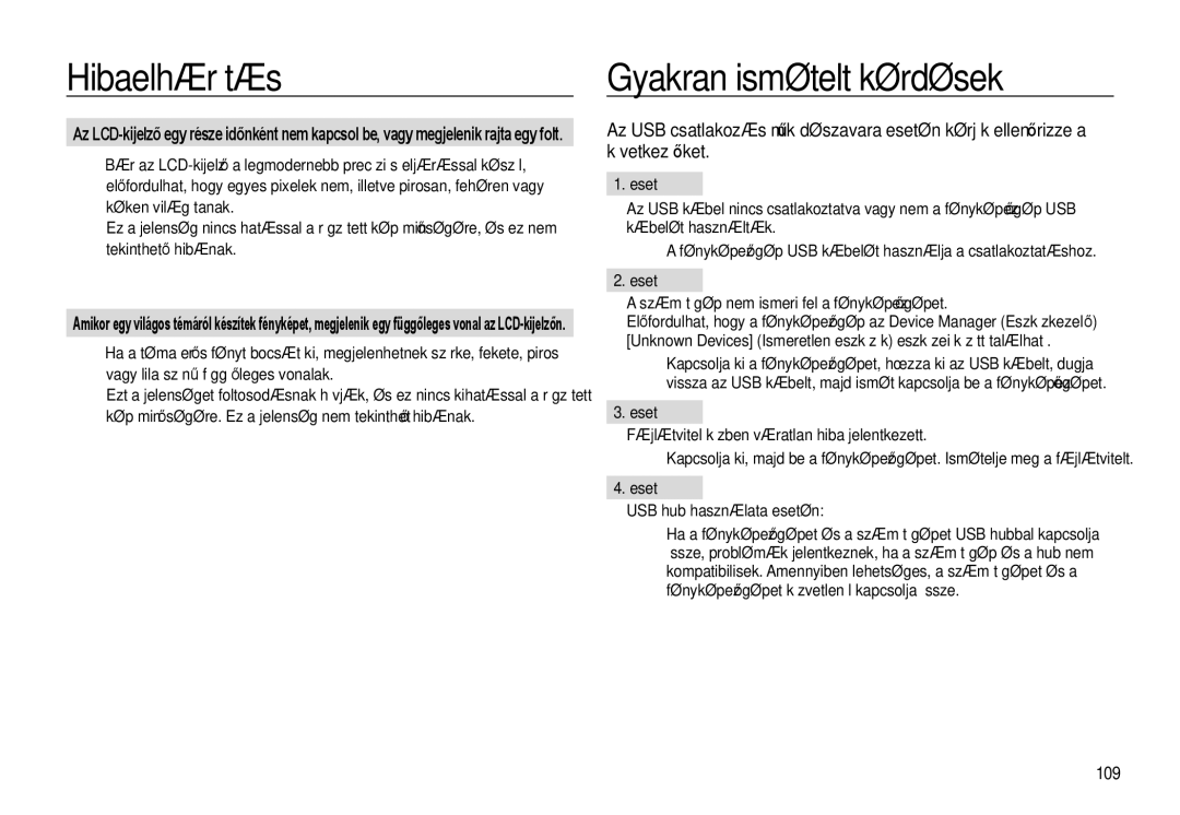 Samsung EC-WB500ABA/IT, EC-WB500BBP/IT manual Gyakran ismételt kérdések, Eset, Számítógép nem ismeri fel a fényképezőgépet 